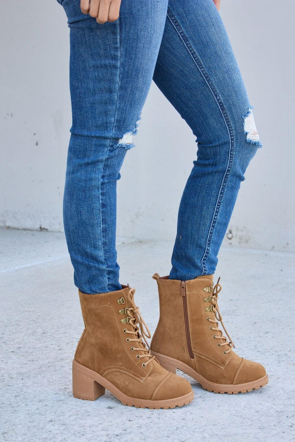Forever Link Lace-Up Zipper Detail Block Heel Boots - Clothes For Her Online Store