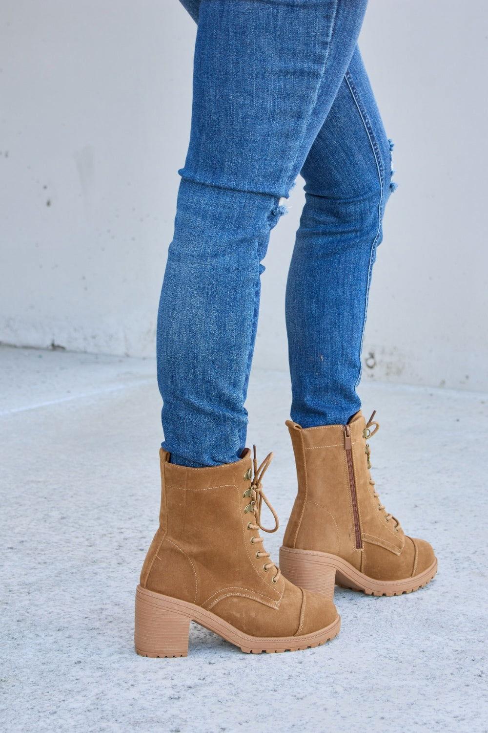Forever Link Lace-Up Zipper Detail Block Heel Boots - Clothes For Her Online Store