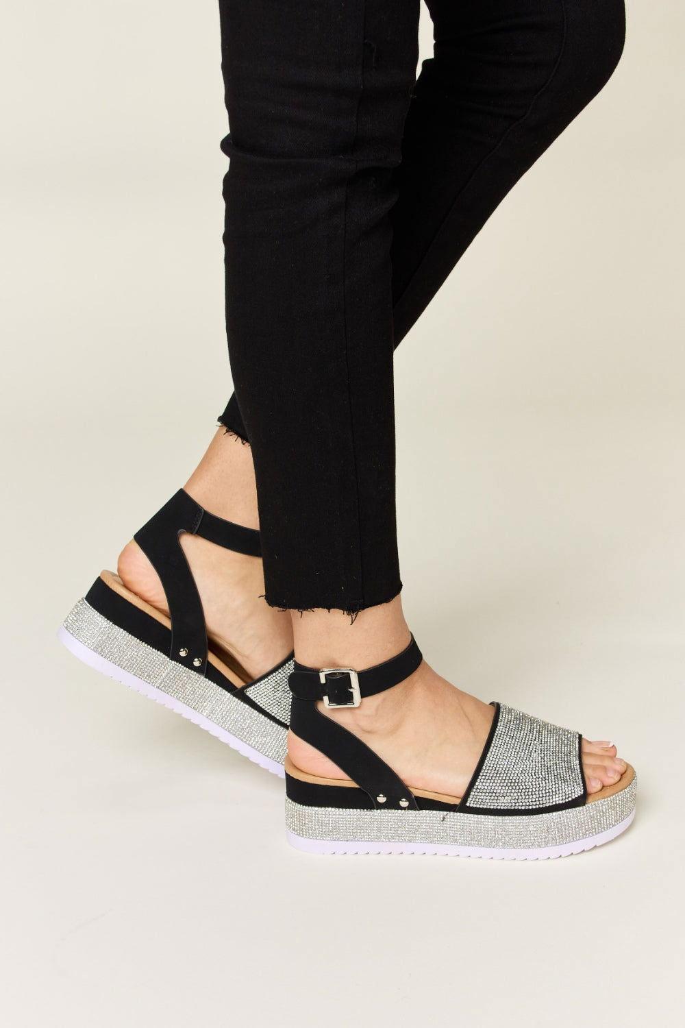 Forever Link Rhinestone Buckle Strappy Wedge Sandals - Clothes For Her Online Store