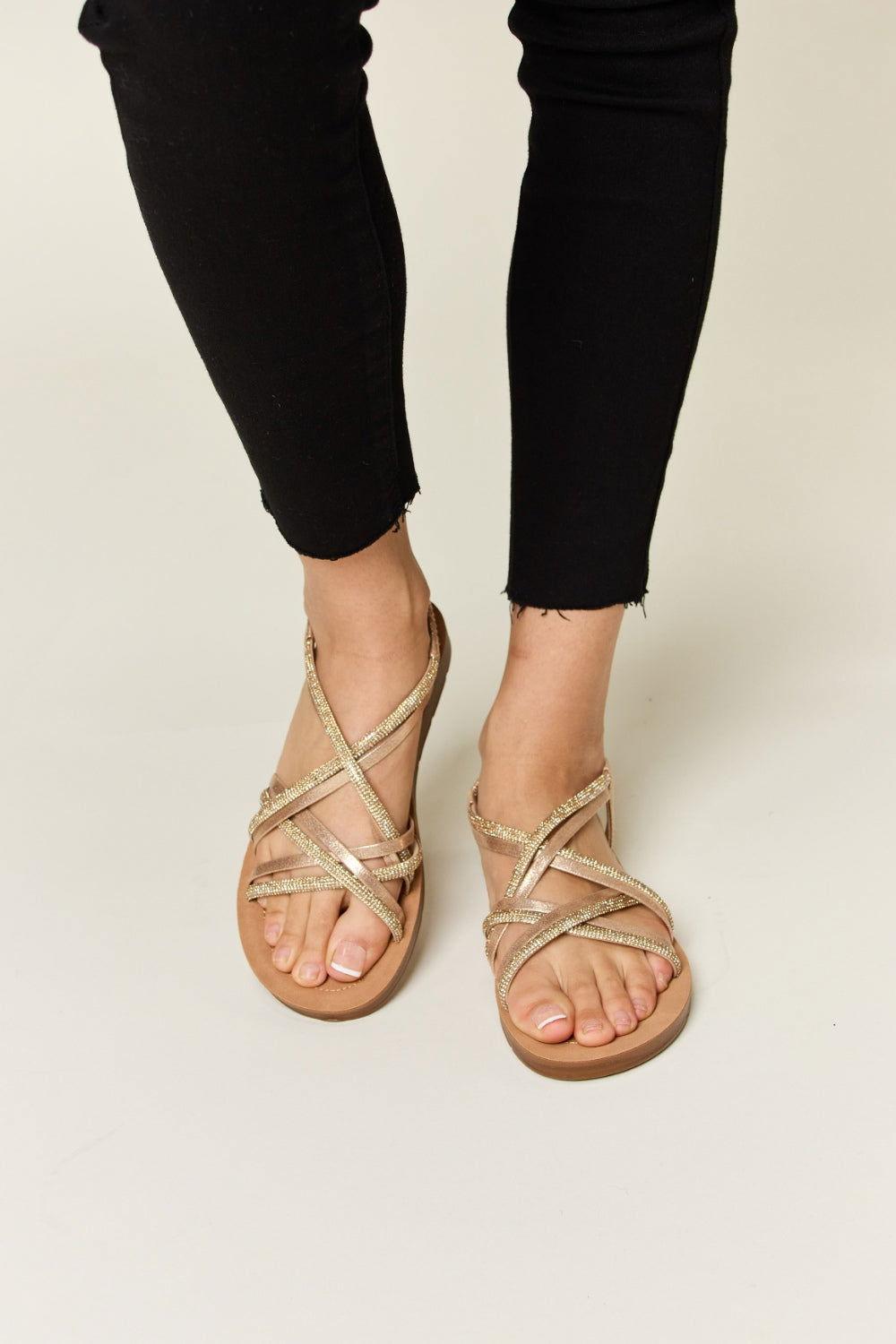 Forever Link Rhinestone Crisscross Flat Sandals - Clothes For Her Online Store