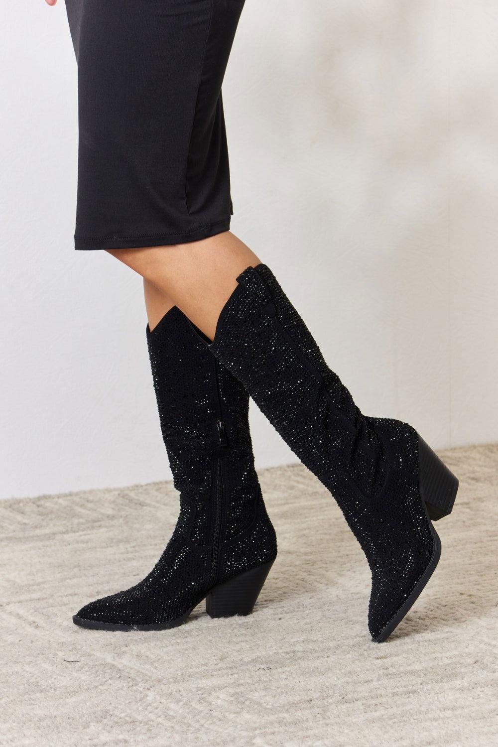 Forever Link Rhinestone Knee High Cowboy Boots - Clothes For Her Online Store