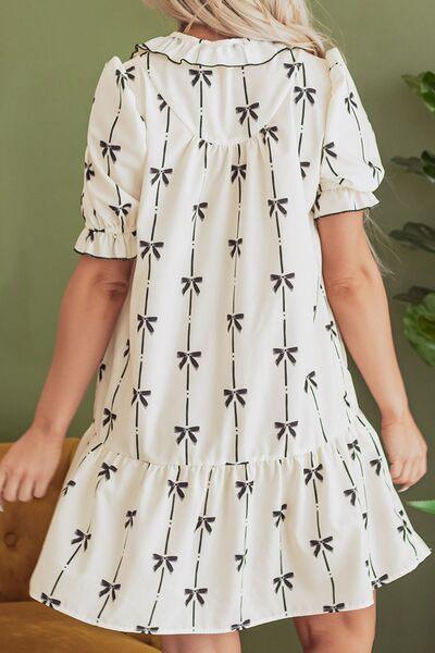 Frill Bow Print Notched Short Sleeve Mini Dress - Clothes For Her Online Store