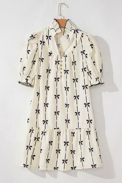 Frill Bow Print Notched Short Sleeve Mini Dress - Clothes For Her Online Store