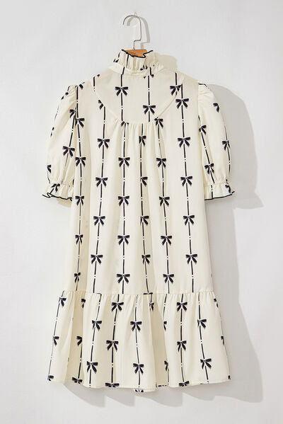 Frill Bow Print Notched Short Sleeve Mini Dress - Clothes For Her Online Store