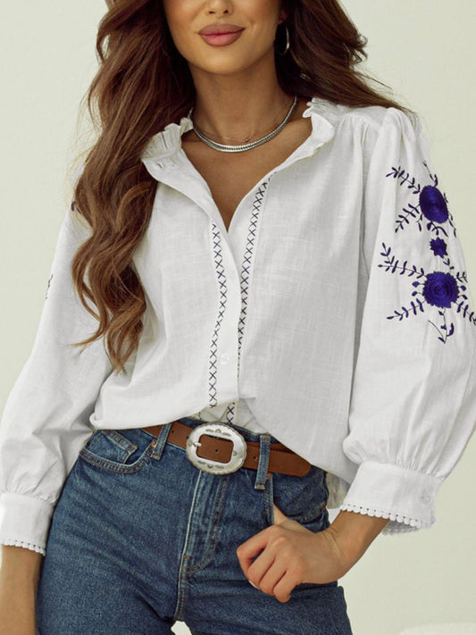 Frill Floral Embroidered Sleeve Shirt - Clothes For Her Online Store