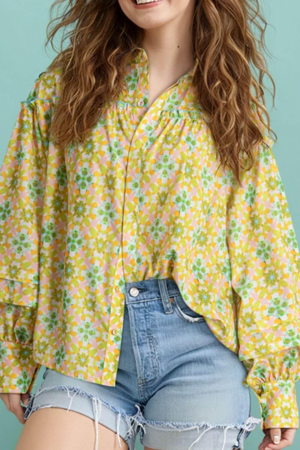 Frill Printed Collared Neck Long Sleeve Blouse - Clothes For Her Online Store