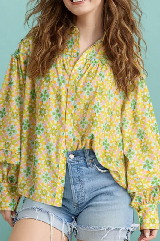 Frill Printed Collared Neck Long Sleeve Blouse - Clothes For Her Online Store