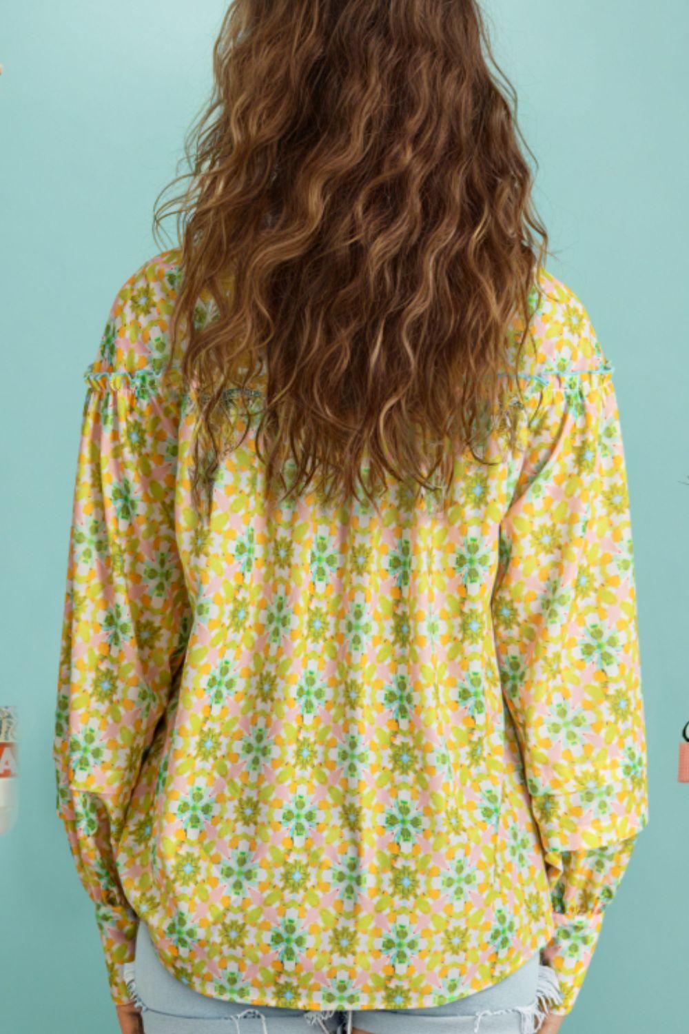 Frill Printed Collared Neck Long Sleeve Blouse - Clothes For Her Online Store