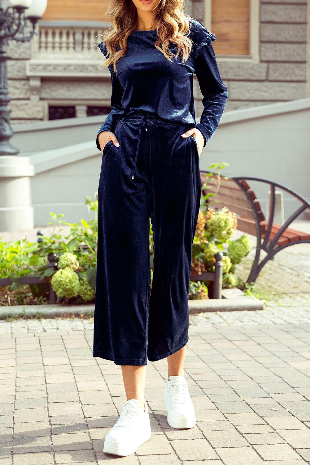 Frill Round Neck Long Sleeve Top and Pants Set - Clothes For Her Online Store