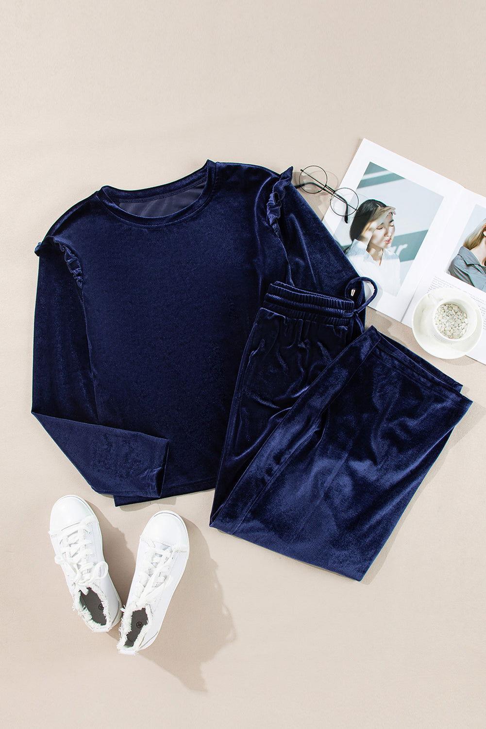 Frill Round Neck Long Sleeve Top and Pants Set - Clothes For Her Online Store