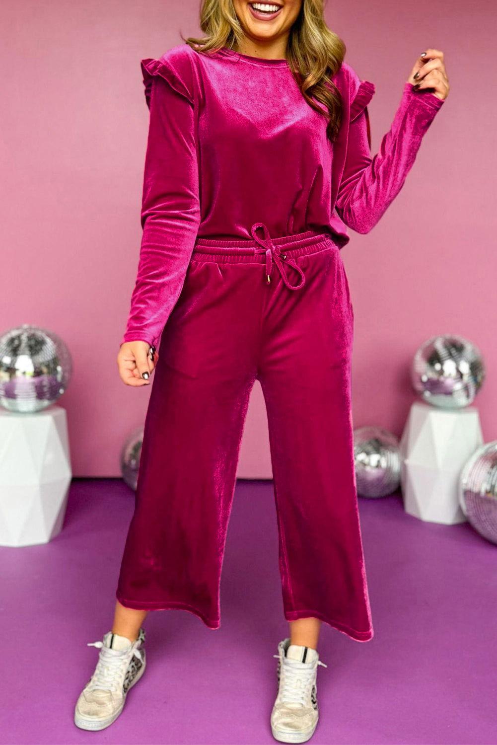 Frill Round Neck Long Sleeve Top and Pants Set - Clothes For Her Online Store