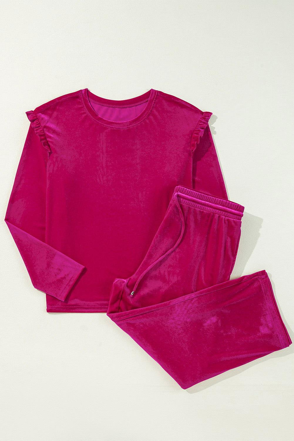 Frill Round Neck Long Sleeve Top and Pants Set - Clothes For Her Online Store