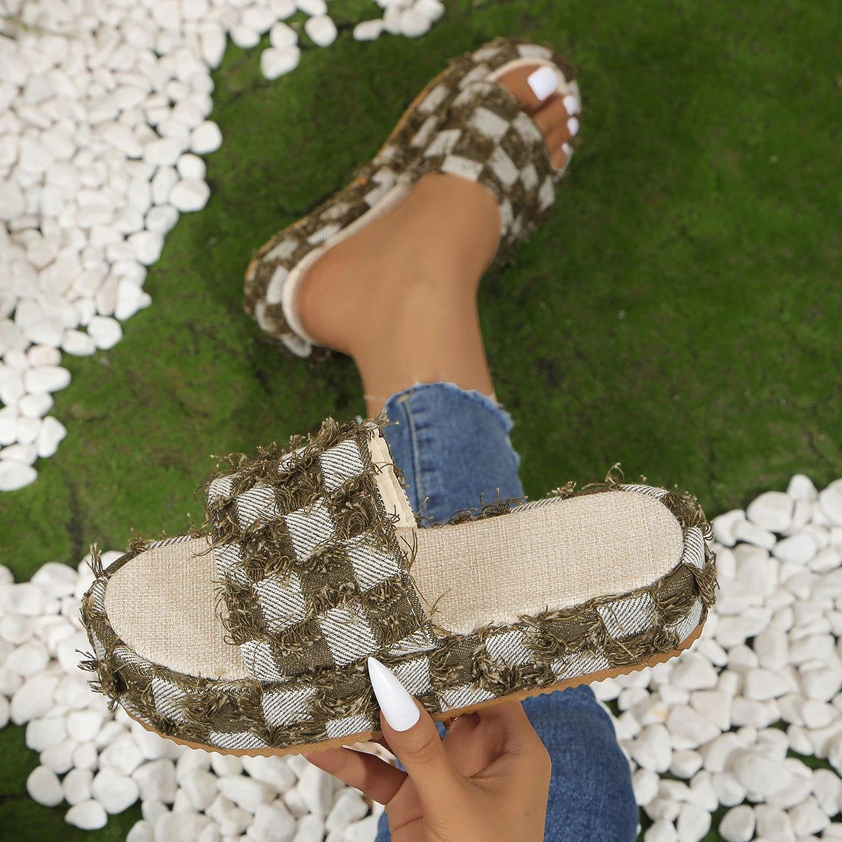 Fringe Checkered Platform Sandals - Clothes For Her Online Store