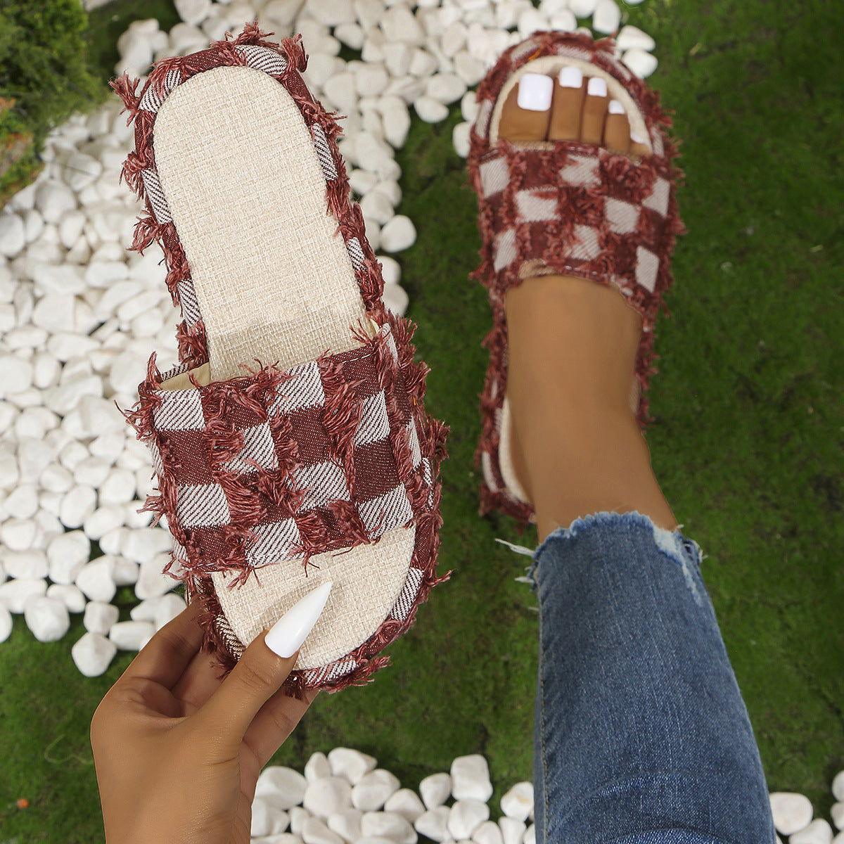 Fringe Checkered Platform Sandals - Clothes For Her Online Store