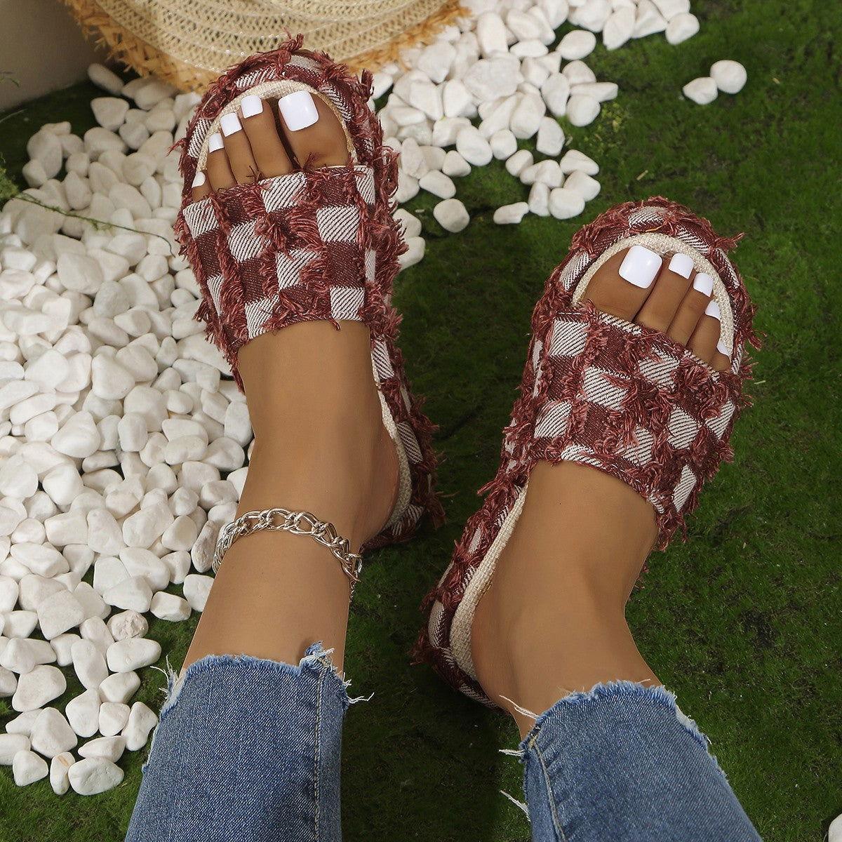 Fringe Checkered Platform Sandals - Clothes For Her Online Store