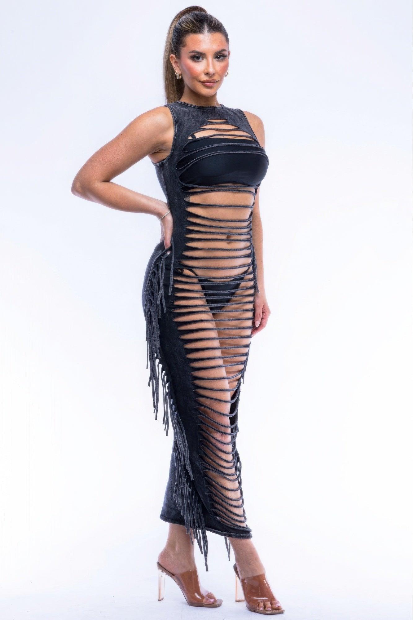 Fringe Cut Out Maxi Dress - Clothes For Her Online Store