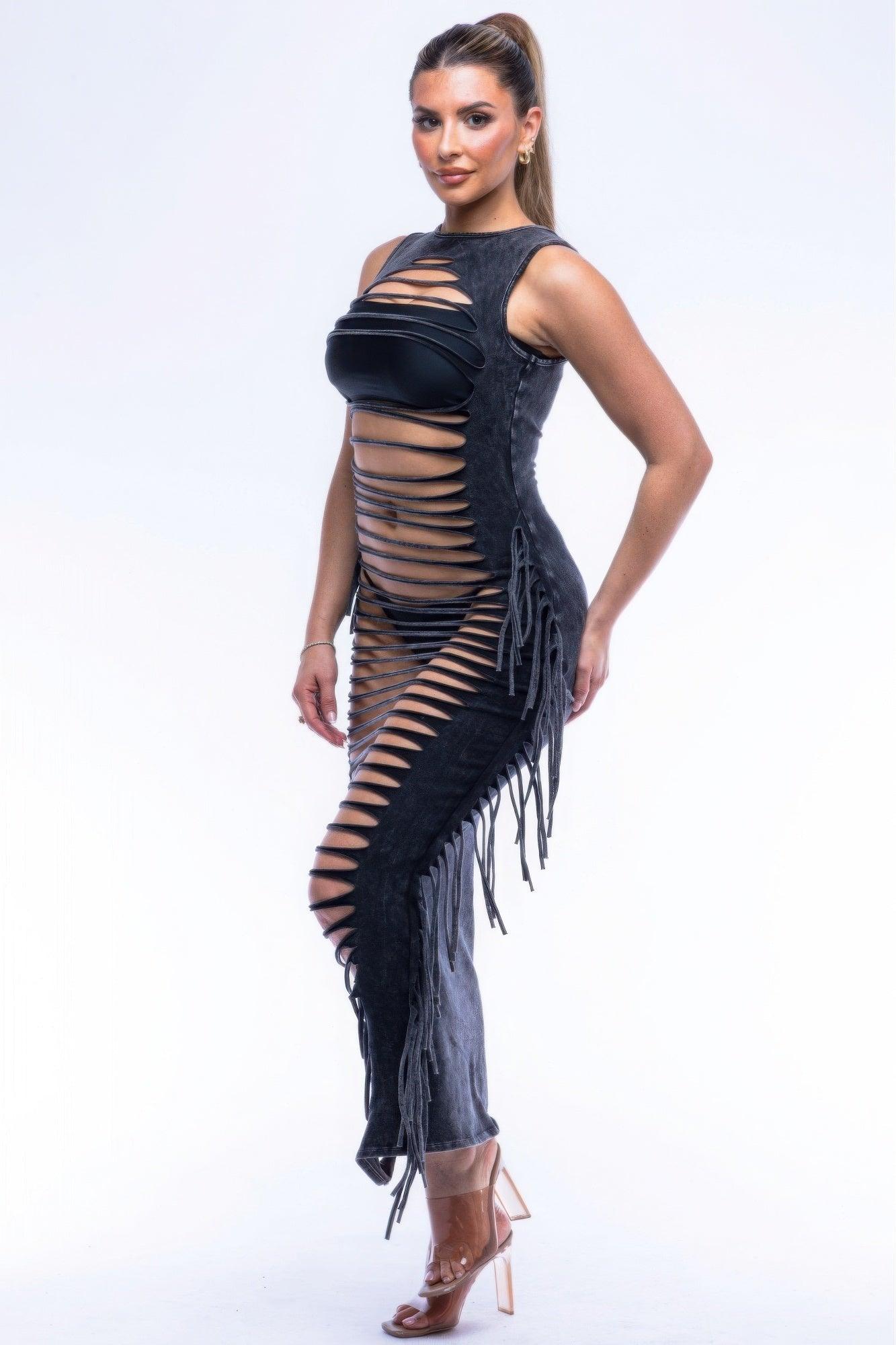 Fringe Cut Out Maxi Dress - Clothes For Her Online Store