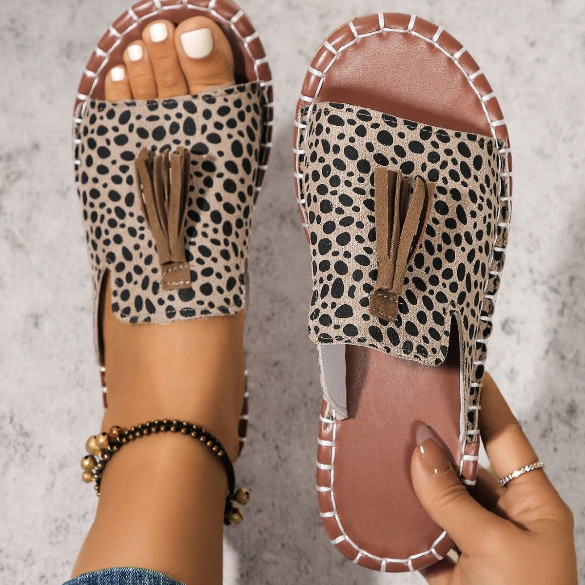 Fringe Leopard Open Toe Sandals - Clothes For Her Online Store