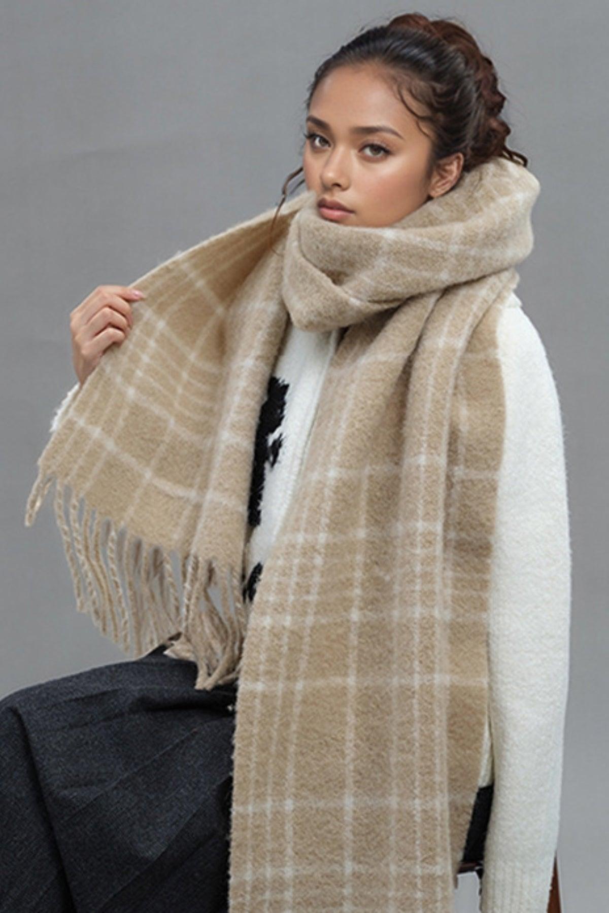 Fringe Plaid Thermal Scarf - Clothes For Her Online Store