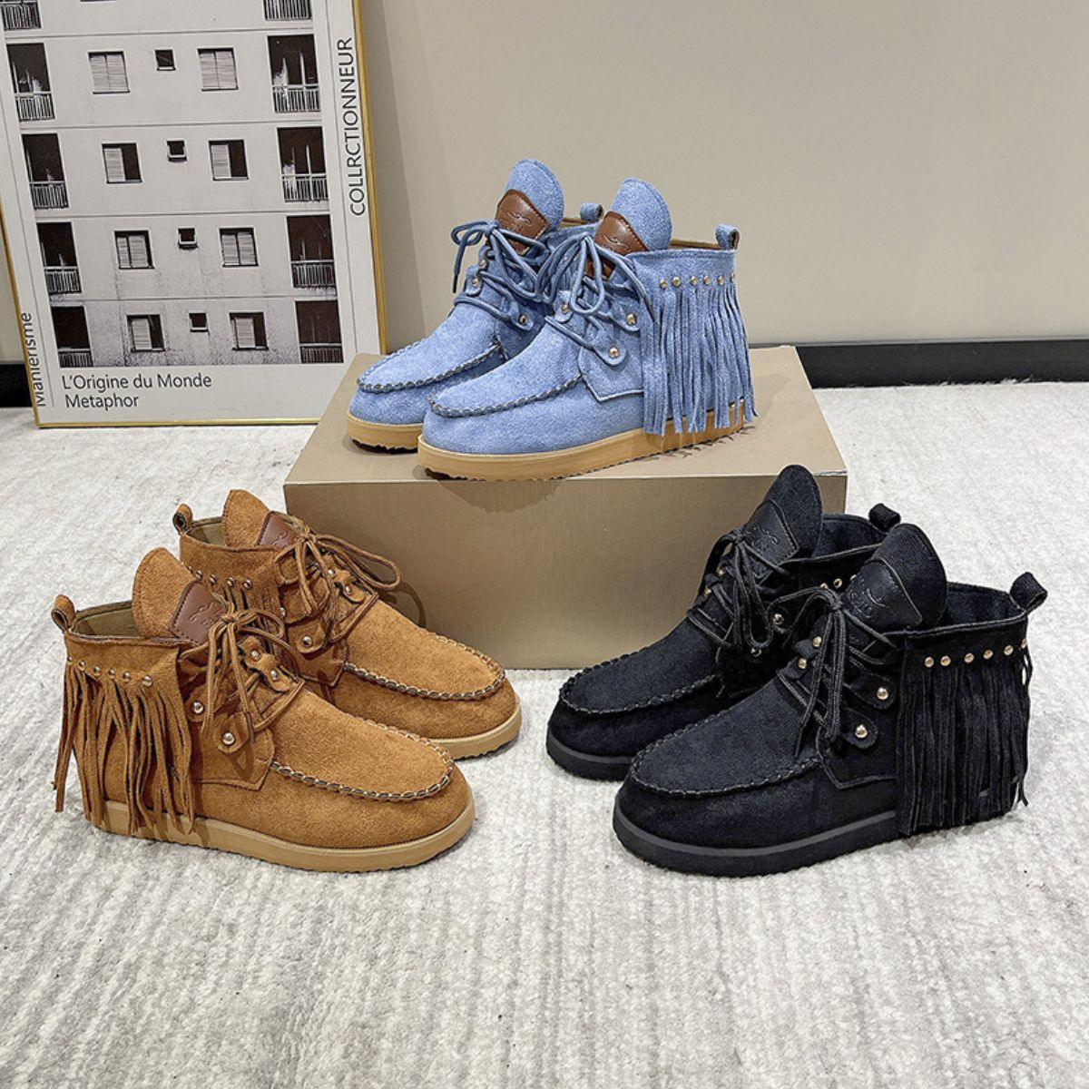 Fringe Studded Round Toe Canvas Boots - Clothes For Her Online Store