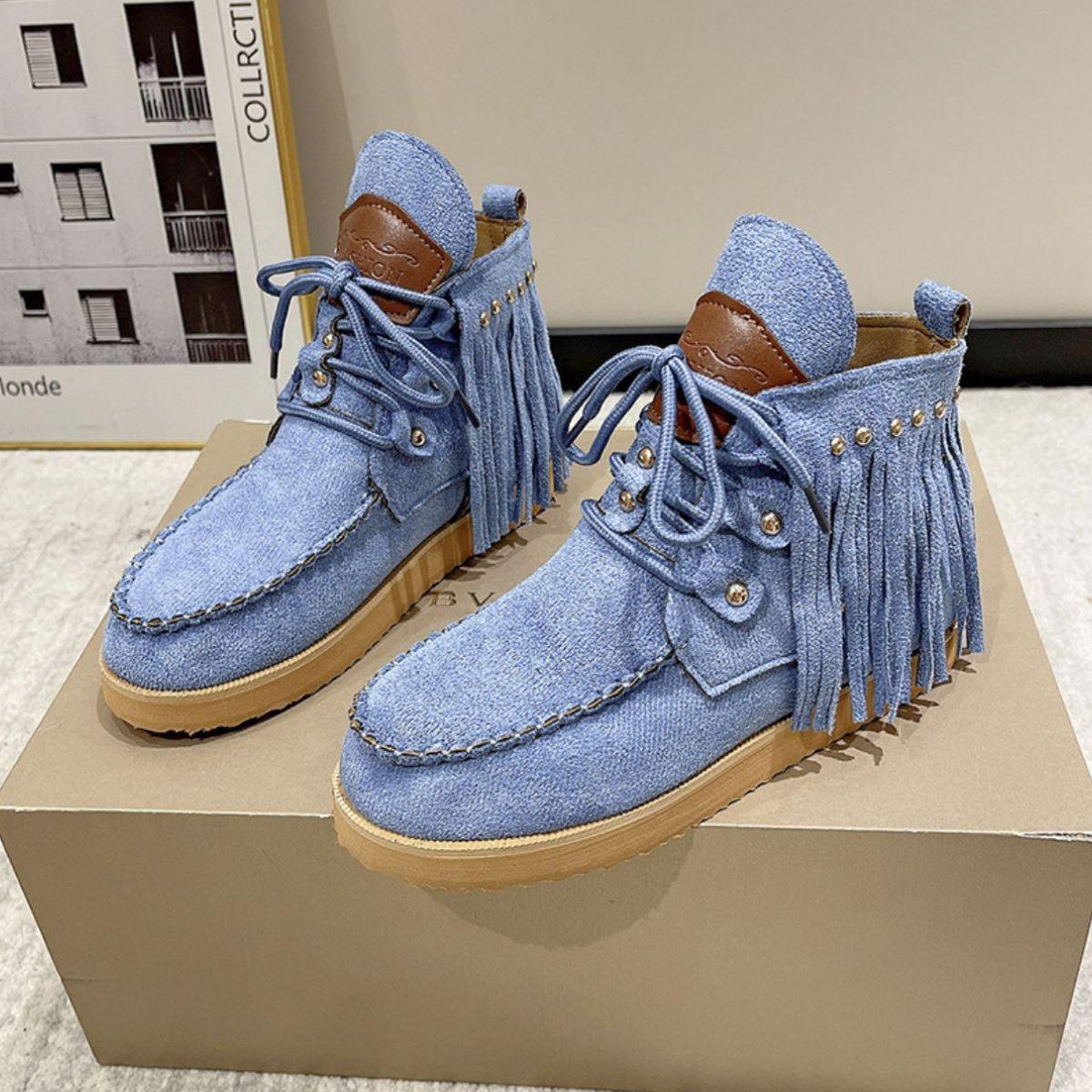 Fringe Studded Round Toe Canvas Boots - Clothes For Her Online Store