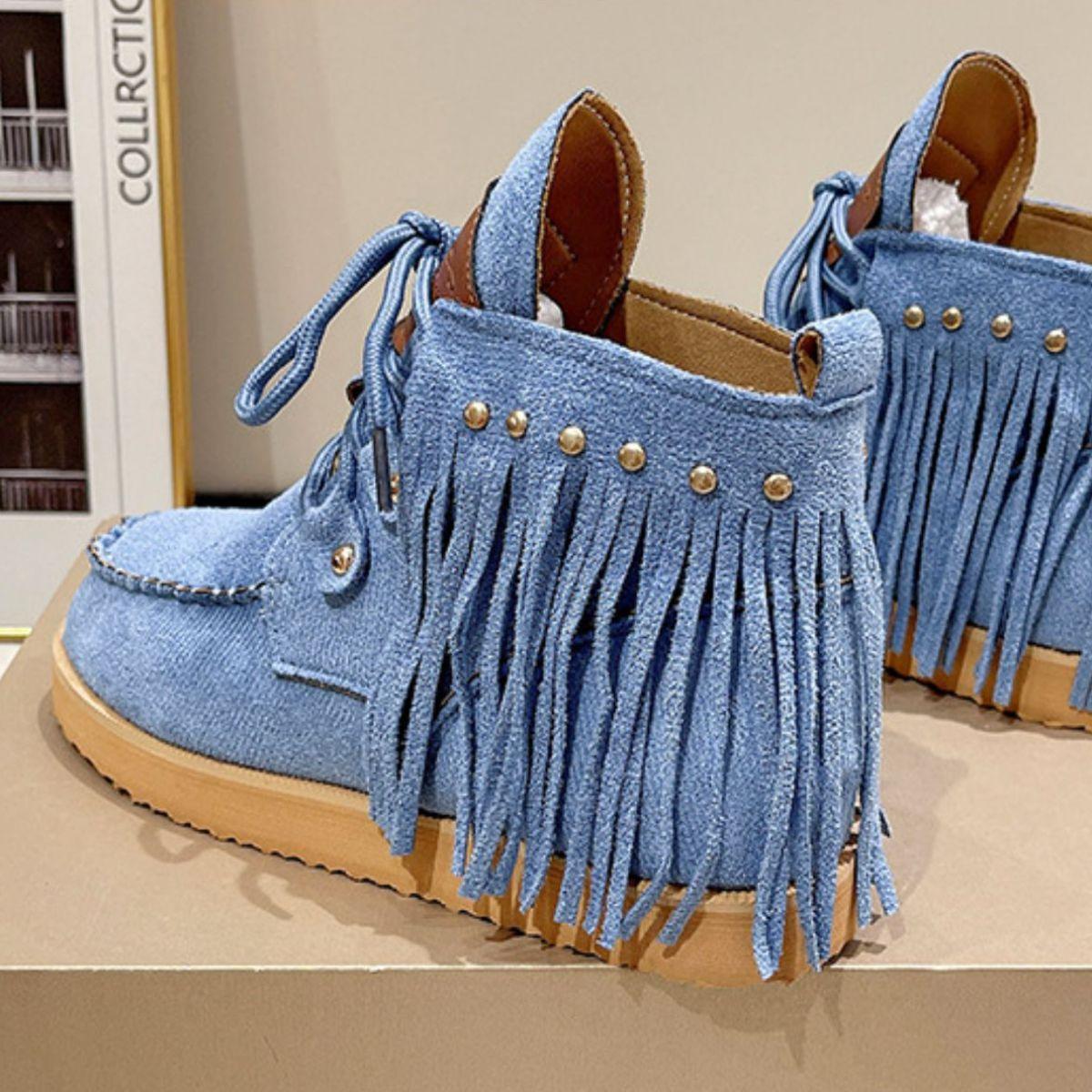 Fringe Studded Round Toe Canvas Boots - Clothes For Her Online Store