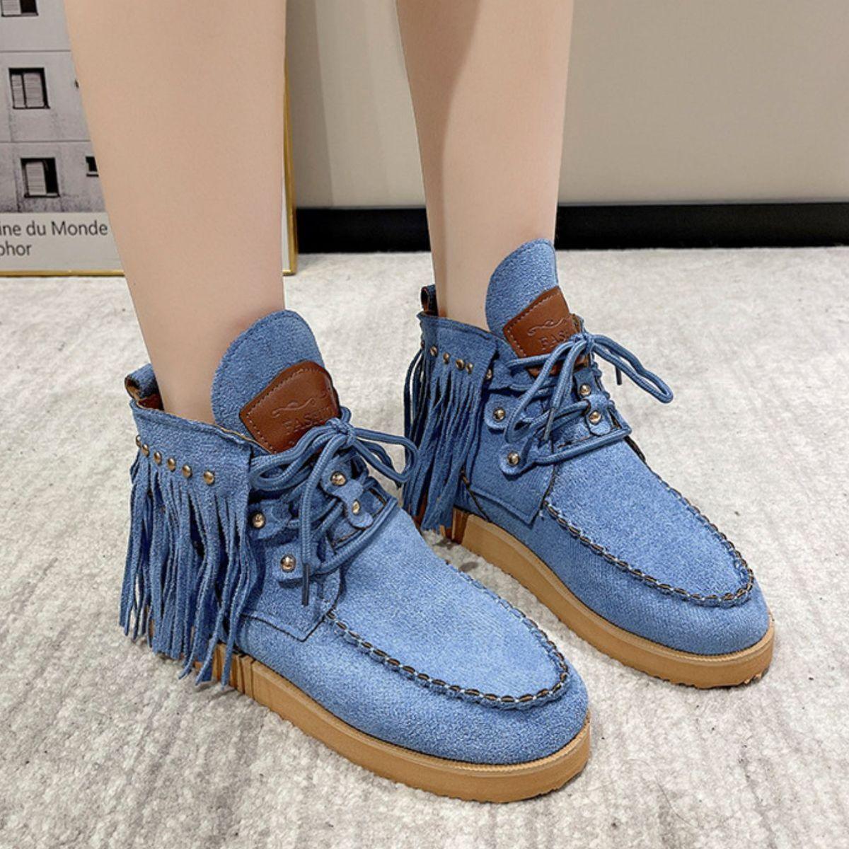 Fringe Studded Round Toe Canvas Boots - Clothes For Her Online Store