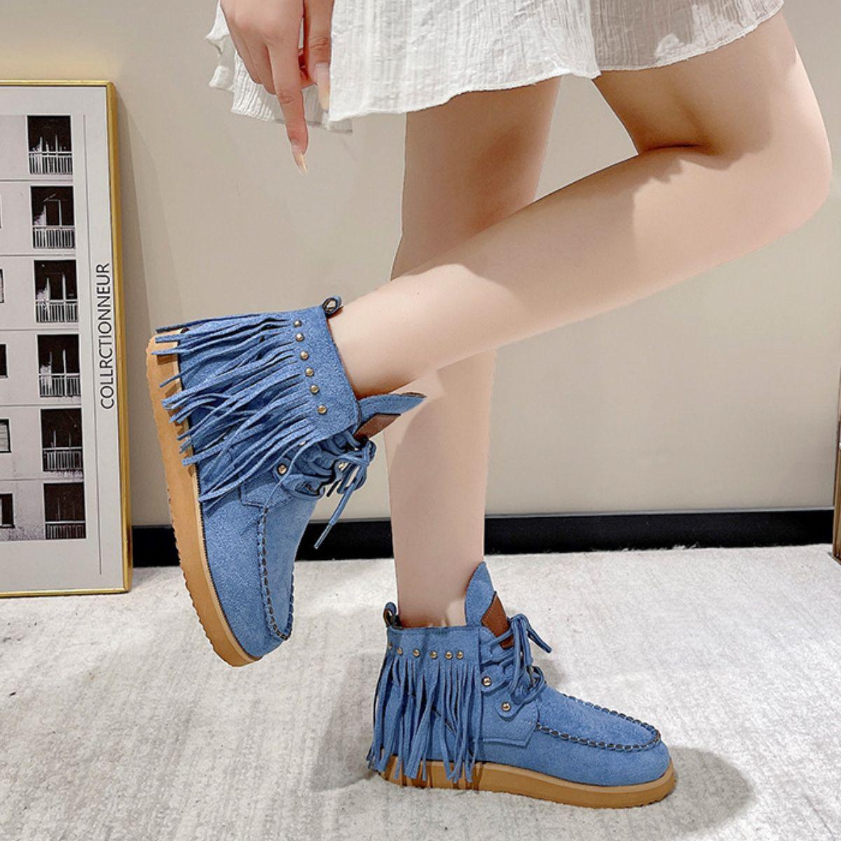 Fringe Studded Round Toe Canvas Boots - Clothes For Her Online Store