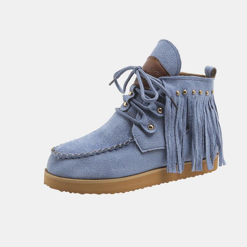 Fringe Studded Round Toe Canvas Boots - Clothes For Her Online Store