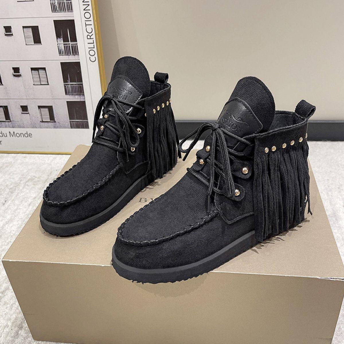 Fringe Studded Round Toe Canvas Boots - Clothes For Her Online Store