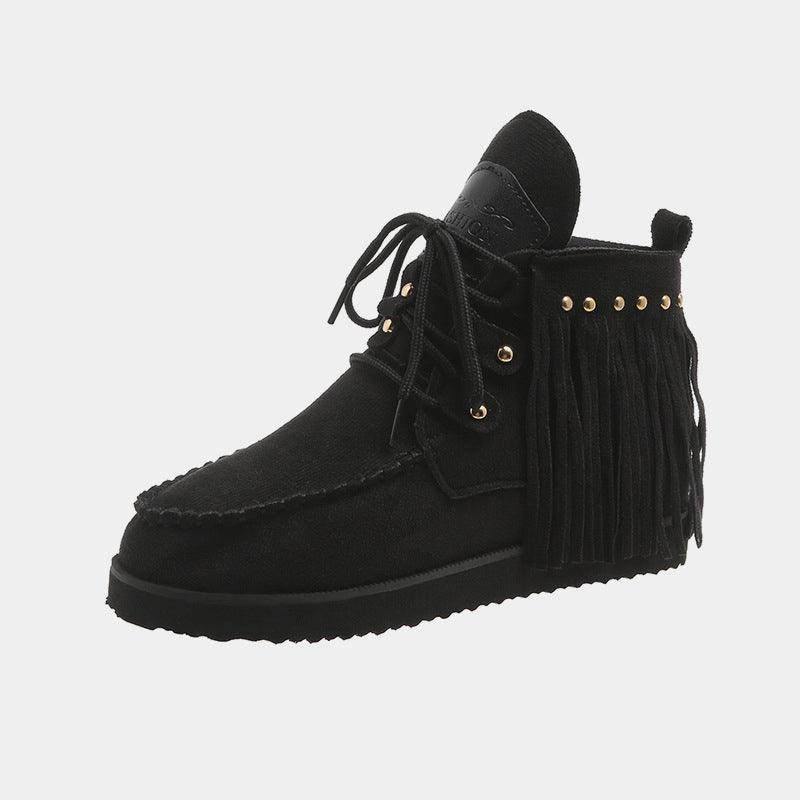 Fringe Studded Round Toe Canvas Boots - Clothes For Her Online Store