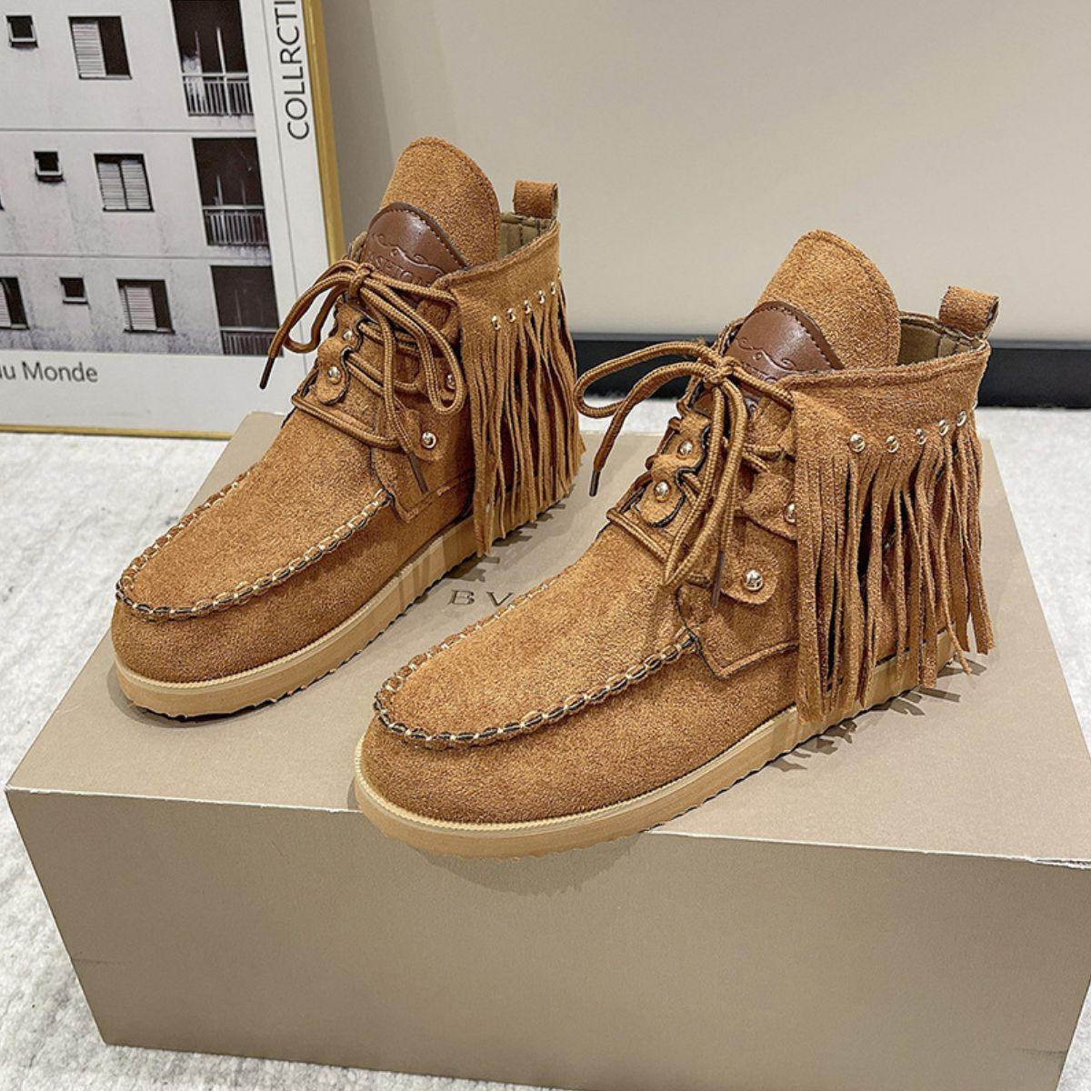 Fringe Studded Round Toe Canvas Boots - Clothes For Her Online Store