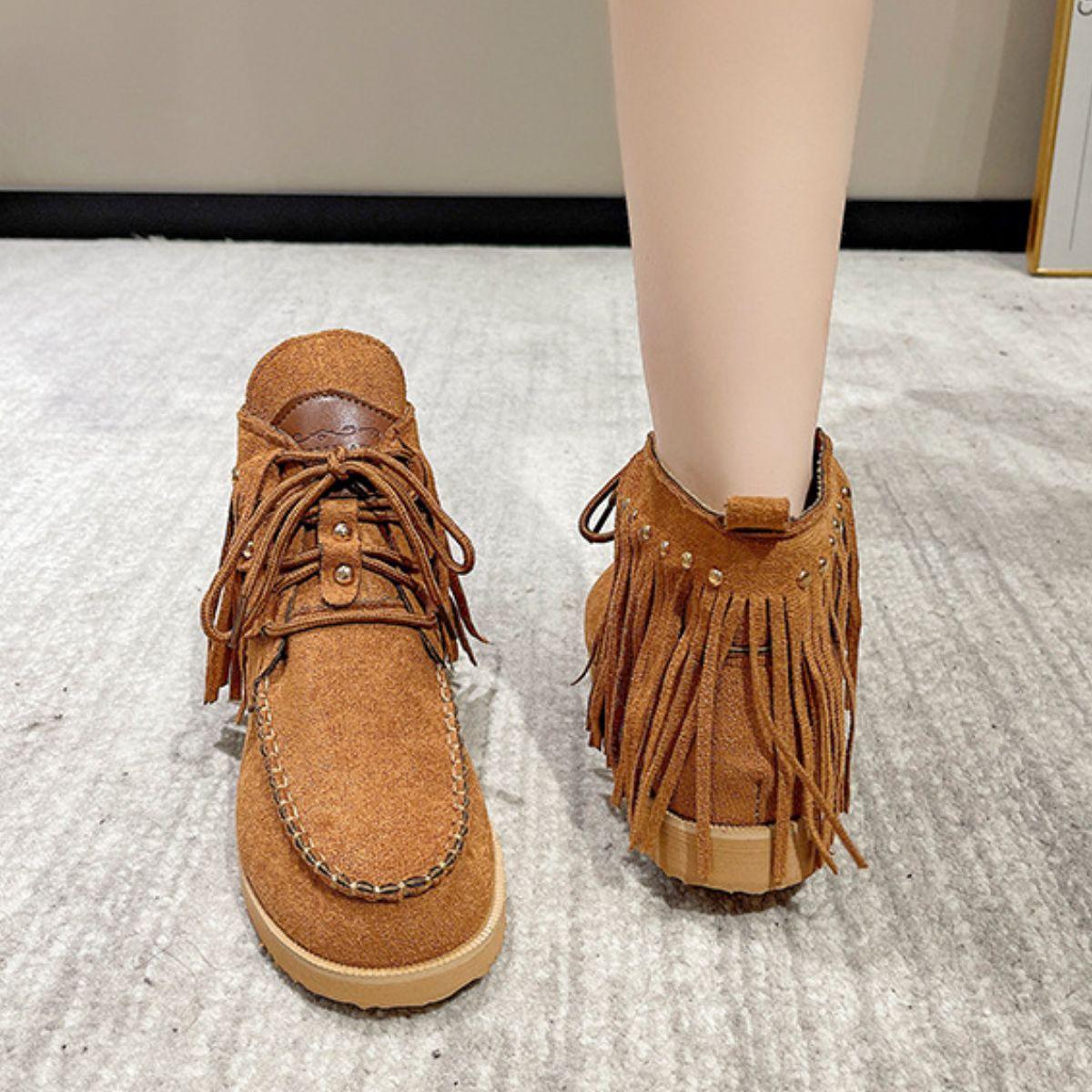 Fringe Studded Round Toe Canvas Boots - Clothes For Her Online Store