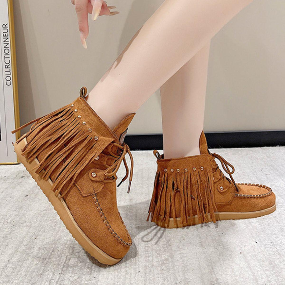 Fringe Studded Round Toe Canvas Boots - Clothes For Her Online Store