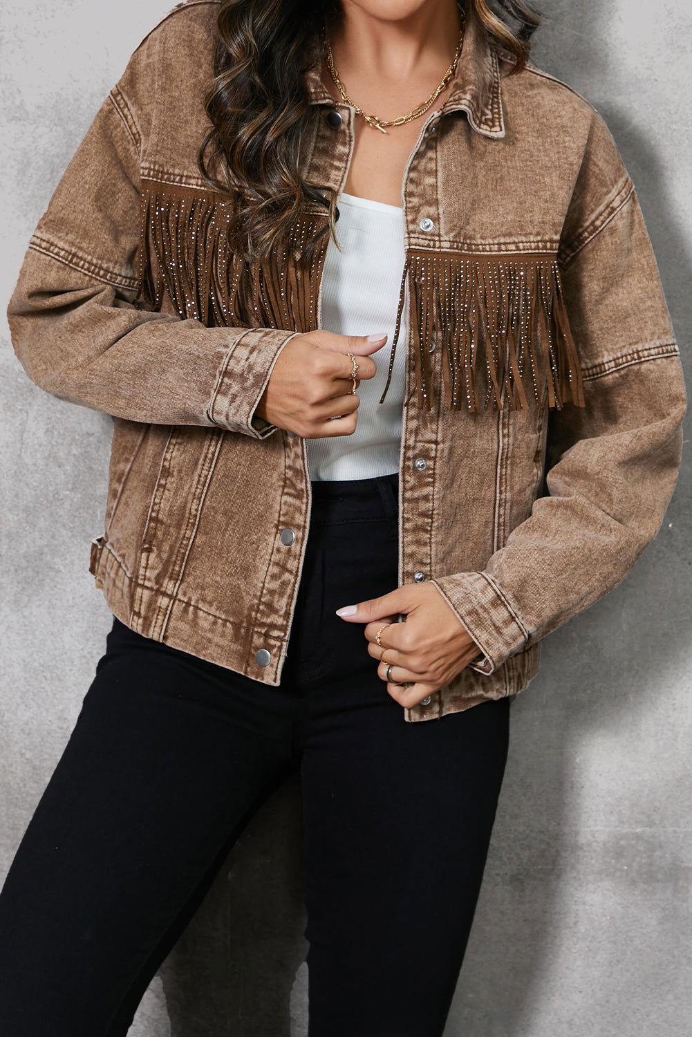 Fringe Trim Snap Down Denim Jacket - Clothes For Her Online Store