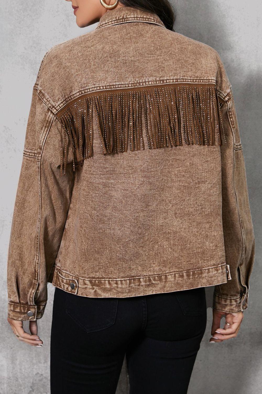Fringe Trim Snap Down Denim Jacket - Clothes For Her Online Store