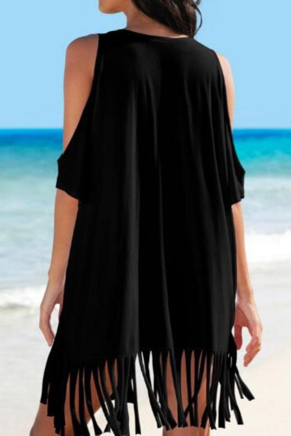 Fringe V-Neck Cold Shoulder Cover Up - Clothes For Her Online Store