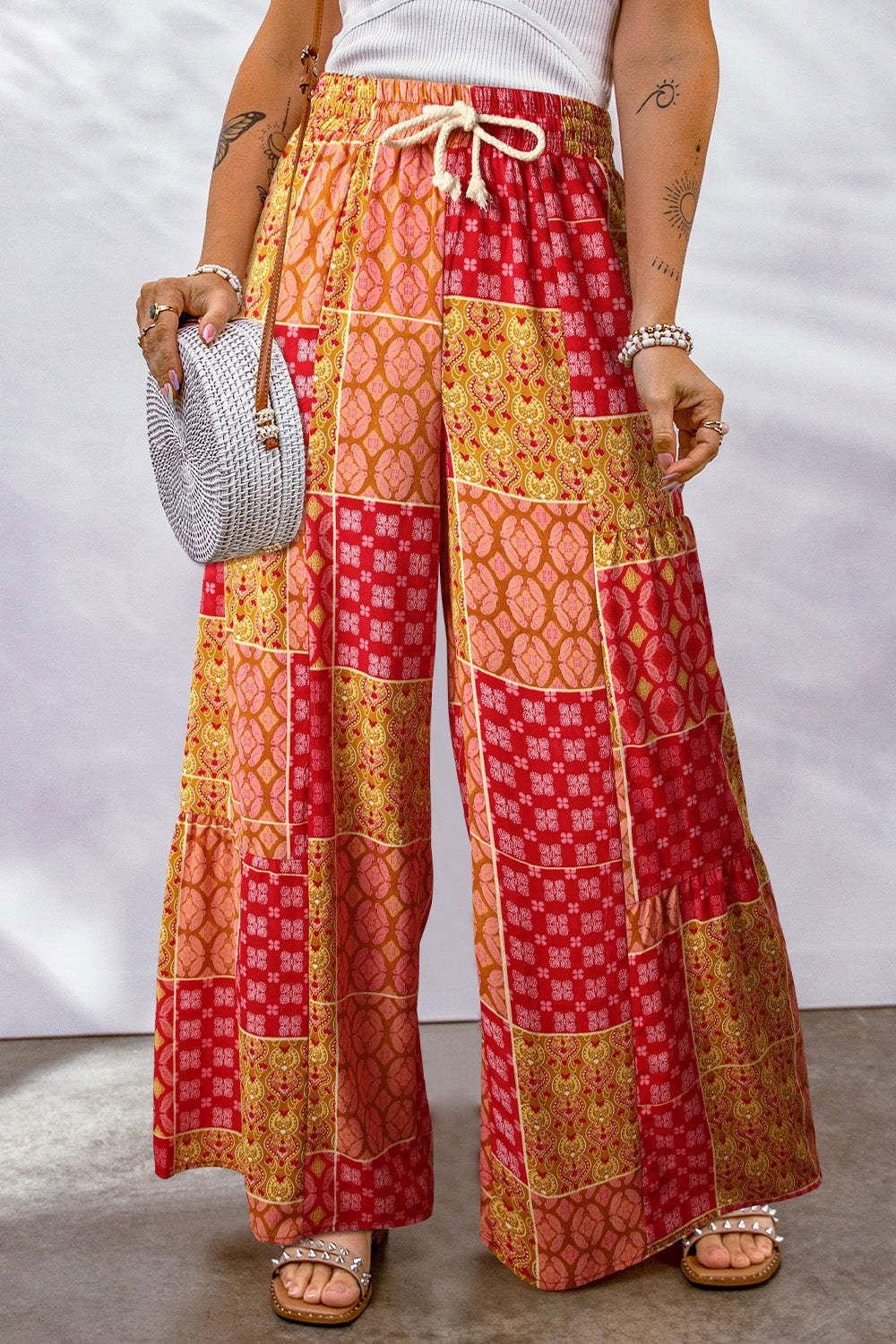 Full Size Drawstring Printed Wide Leg Pants - Clothes For Her Online Store