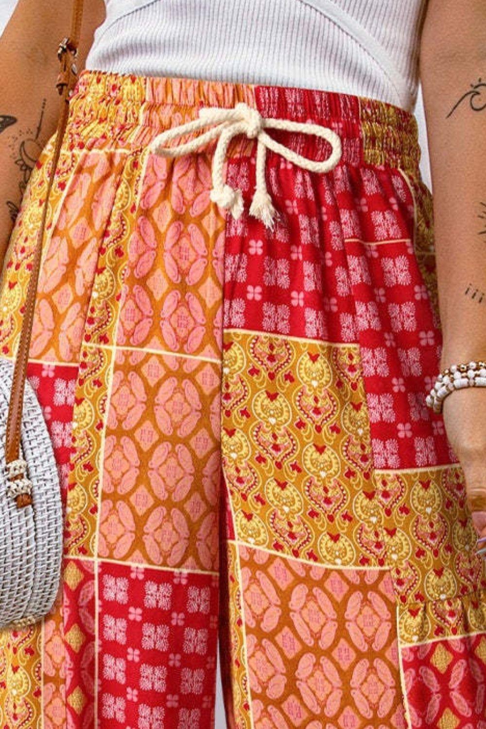 Full Size Drawstring Printed Wide Leg Pants - Clothes For Her Online Store