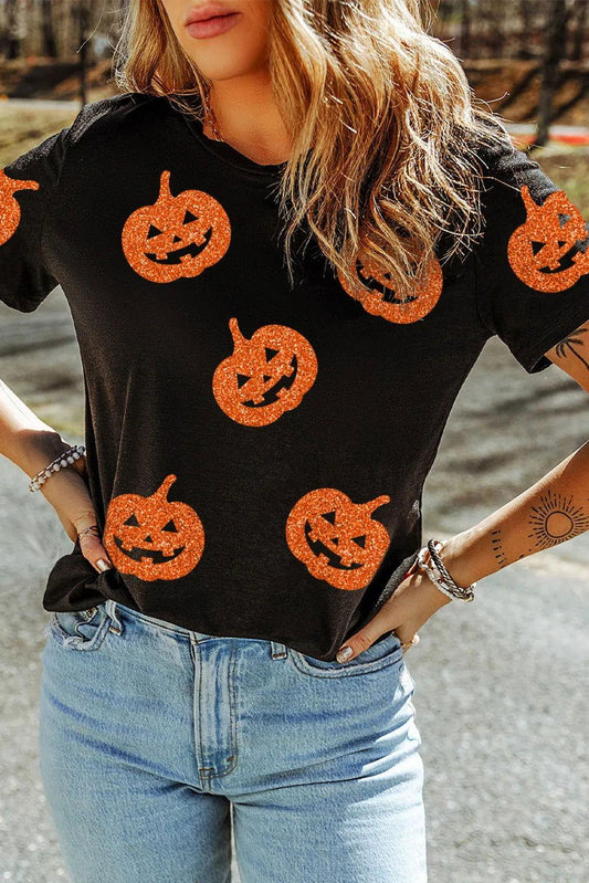 Full Size Glitter Jack-O'-Lantern Round Neck Short Sleeve T-Shirt - Clothes For Her Online Store