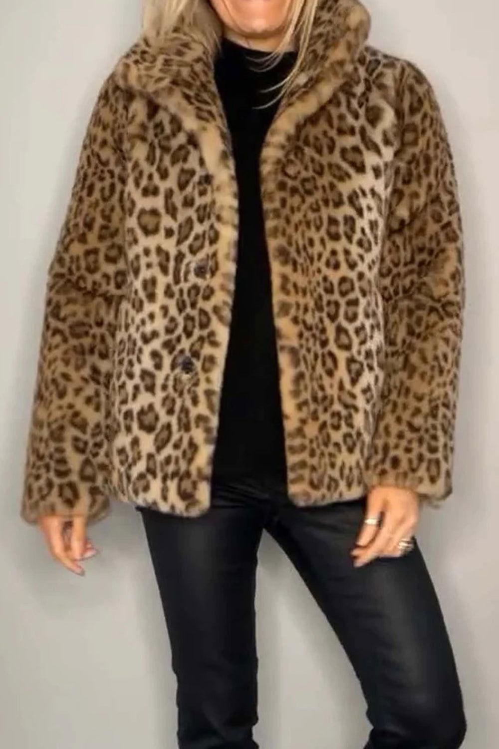 Full Size Leopard Furry Collared Neck Long Sleeve Coat - Clothes For Her Online Store