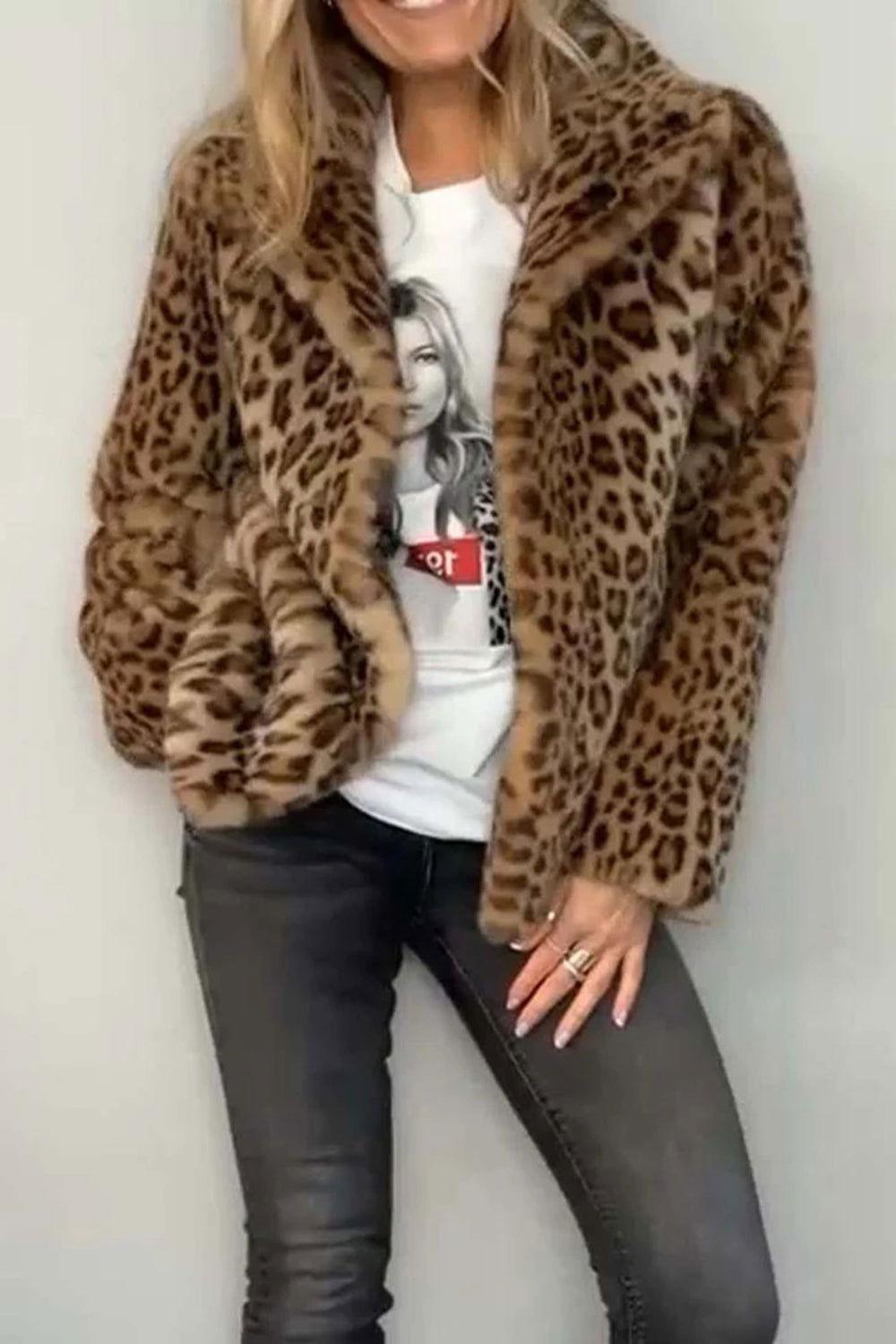 Full Size Leopard Furry Collared Neck Long Sleeve Coat - Clothes For Her Online Store