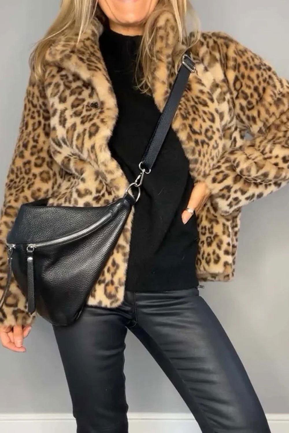 Full Size Leopard Furry Collared Neck Long Sleeve Coat - Clothes For Her Online Store