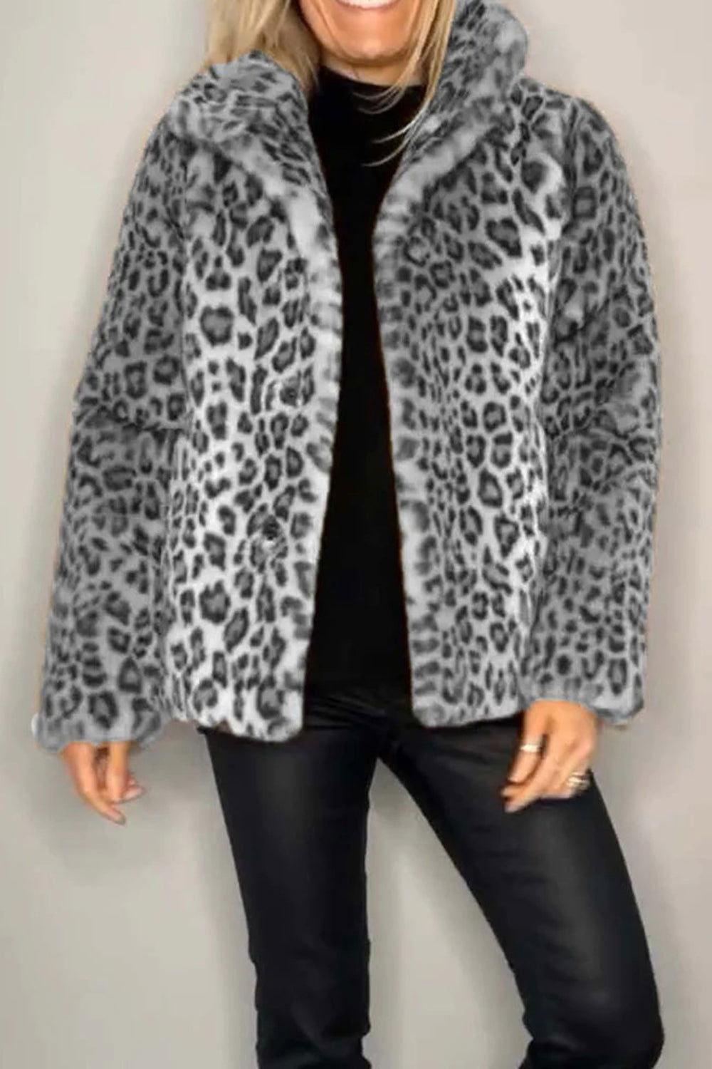 Full Size Leopard Furry Collared Neck Long Sleeve Coat - Clothes For Her Online Store