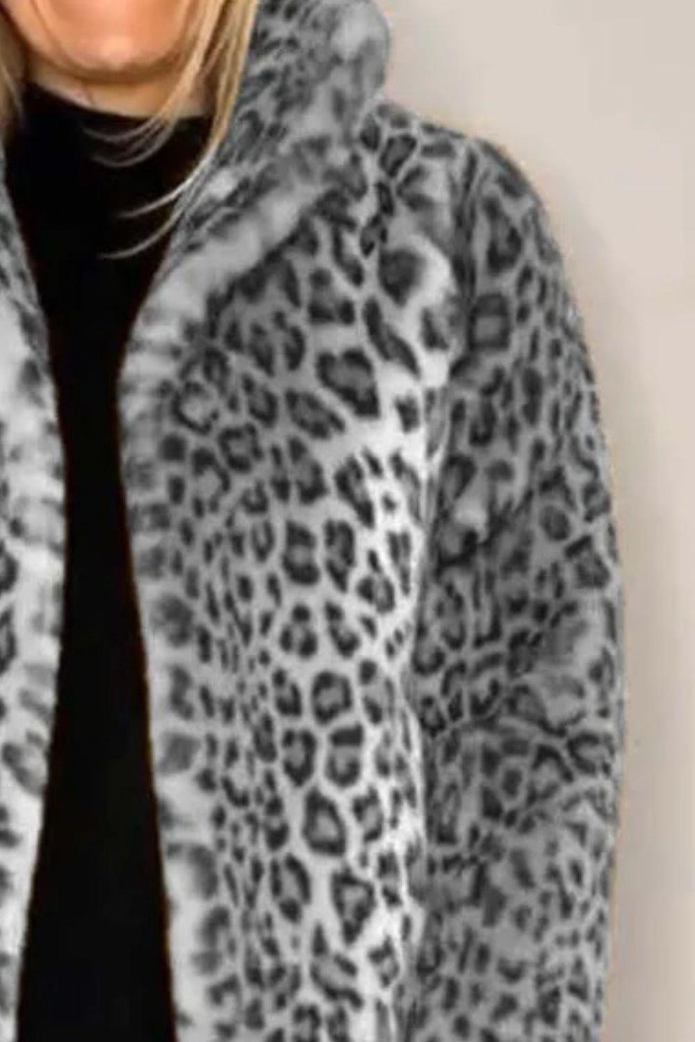 Full Size Leopard Furry Collared Neck Long Sleeve Coat - Clothes For Her Online Store