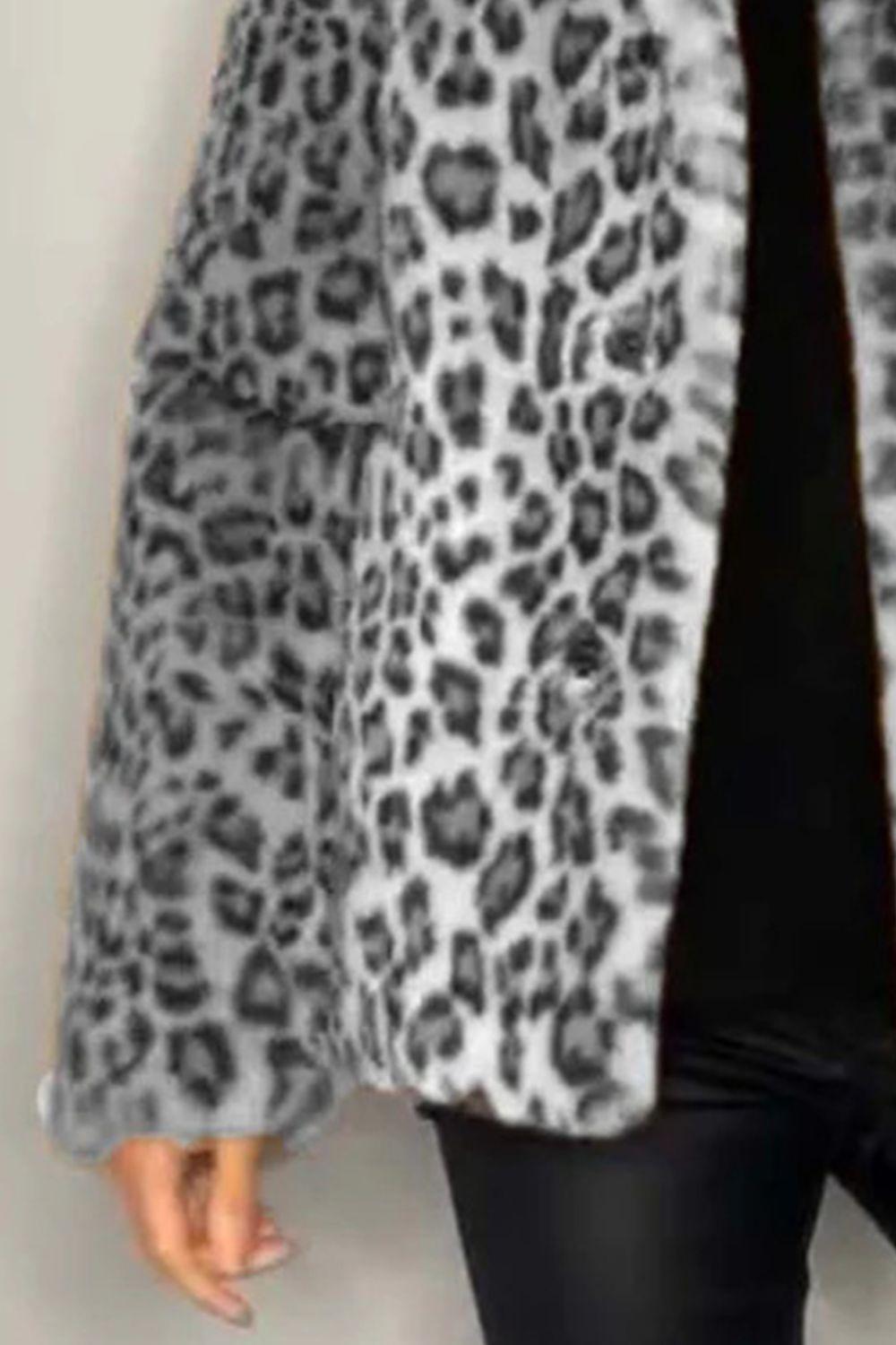 Full Size Leopard Furry Collared Neck Long Sleeve Coat - Clothes For Her Online Store