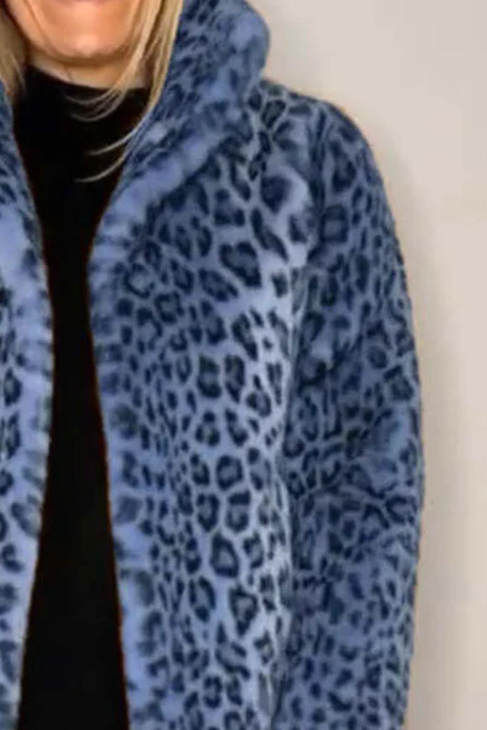 Full Size Leopard Furry Collared Neck Long Sleeve Coat - Clothes For Her Online Store