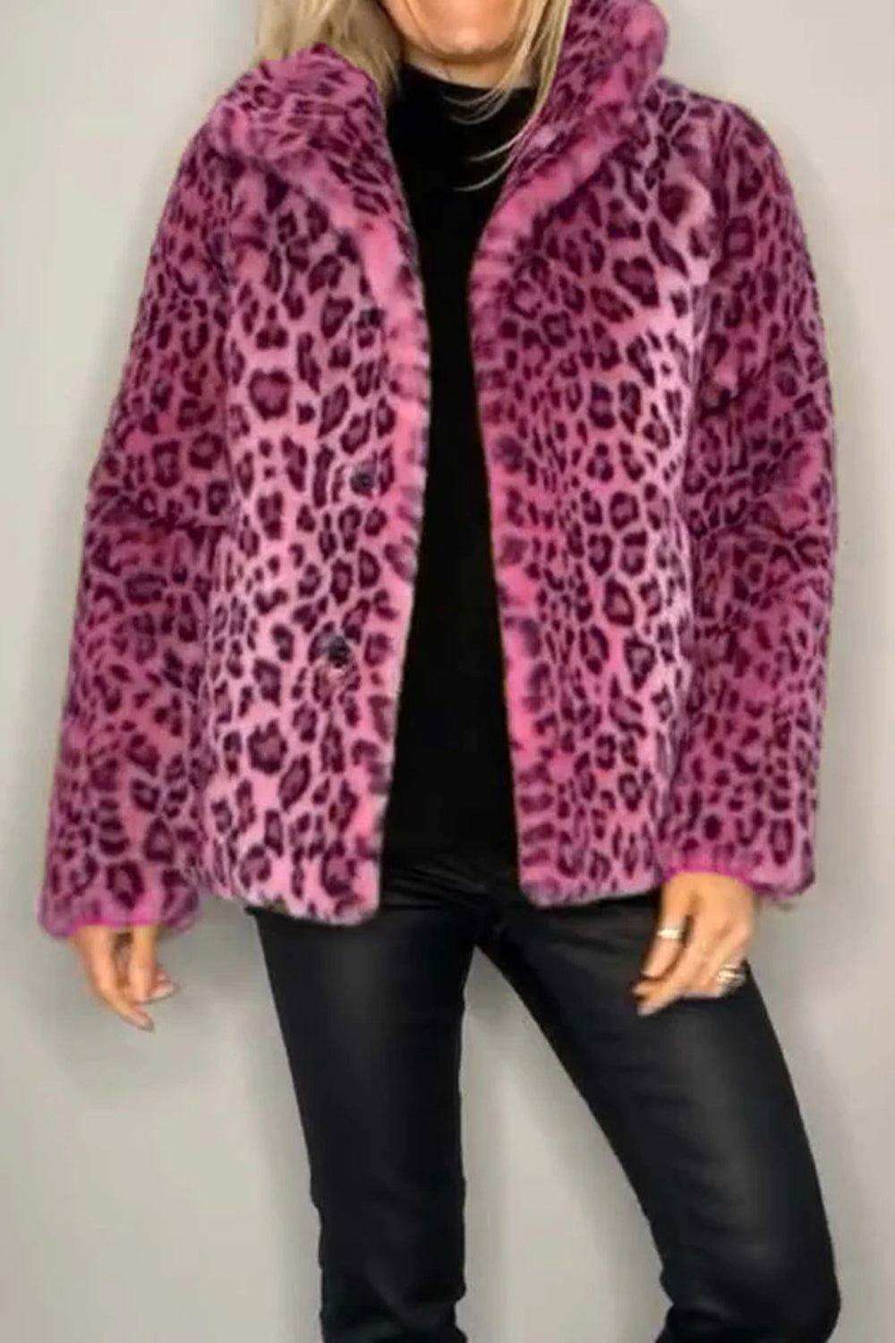 Full Size Leopard Furry Collared Neck Long Sleeve Coat - Clothes For Her Online Store