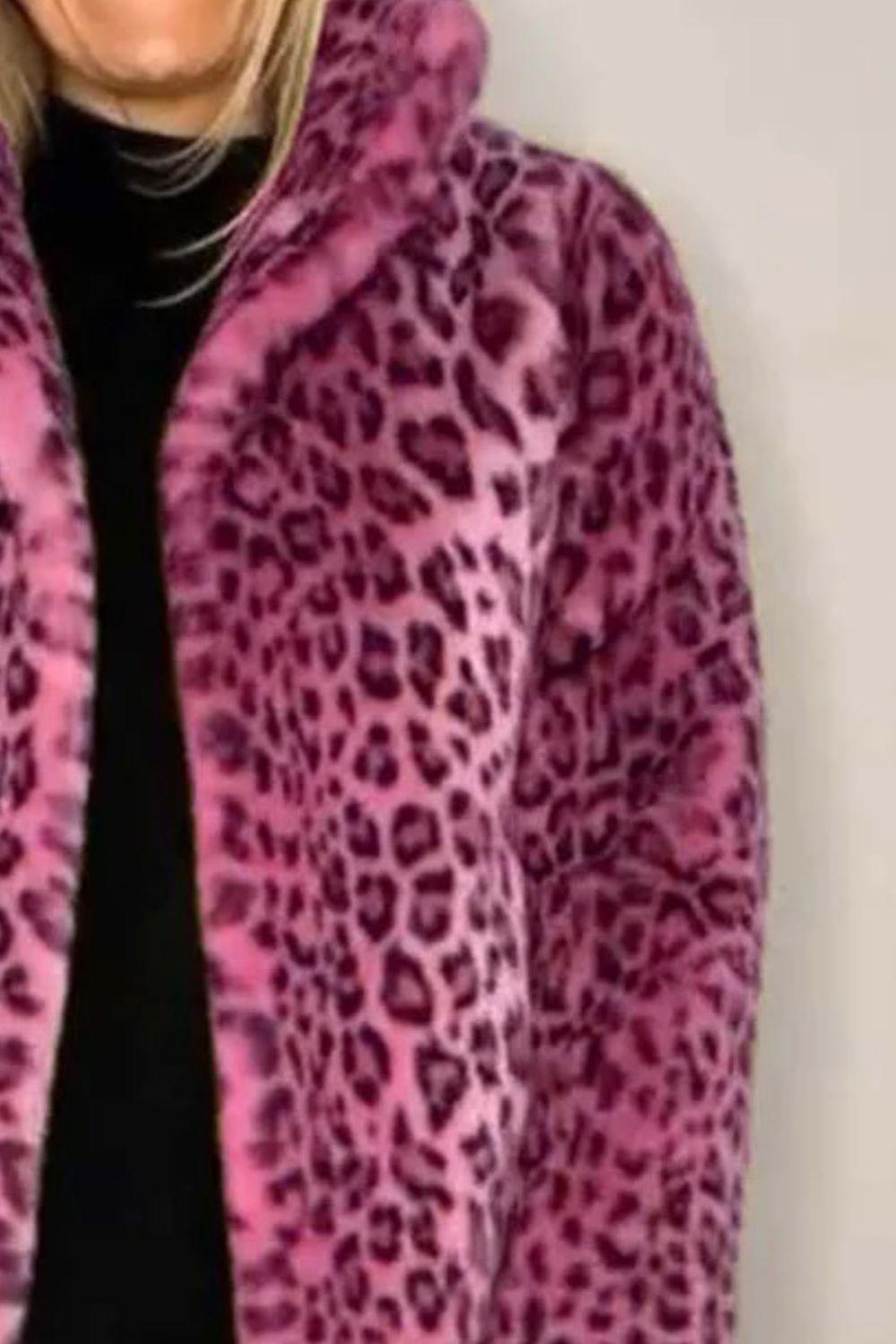Full Size Leopard Furry Collared Neck Long Sleeve Coat - Clothes For Her Online Store