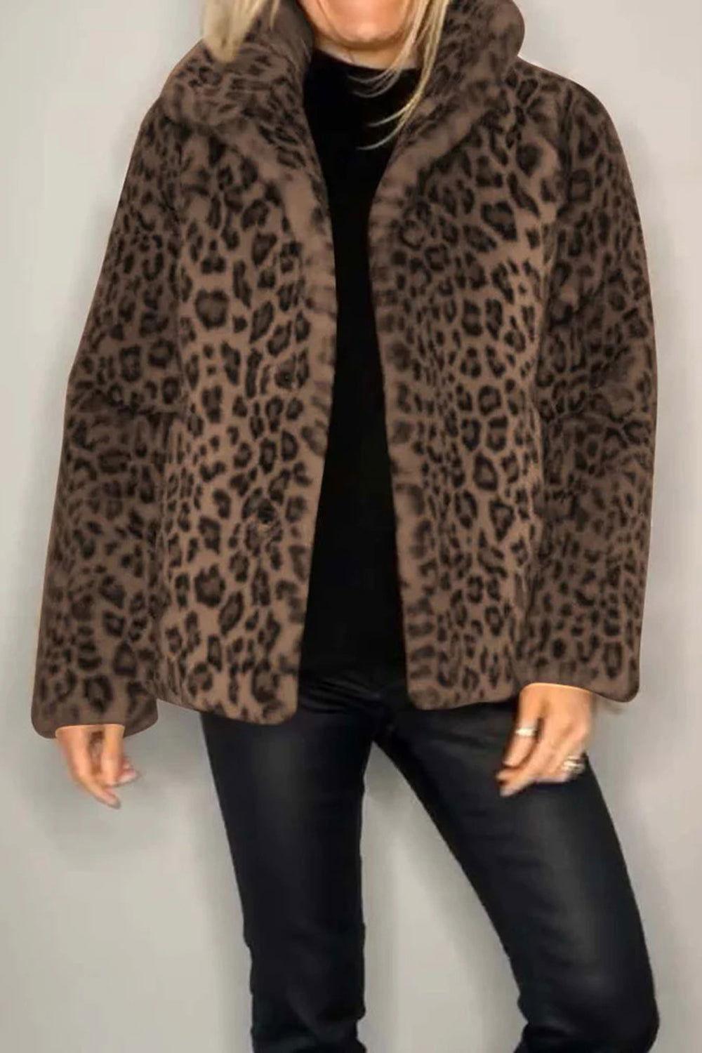 Full Size Leopard Furry Collared Neck Long Sleeve Coat - Clothes For Her Online Store
